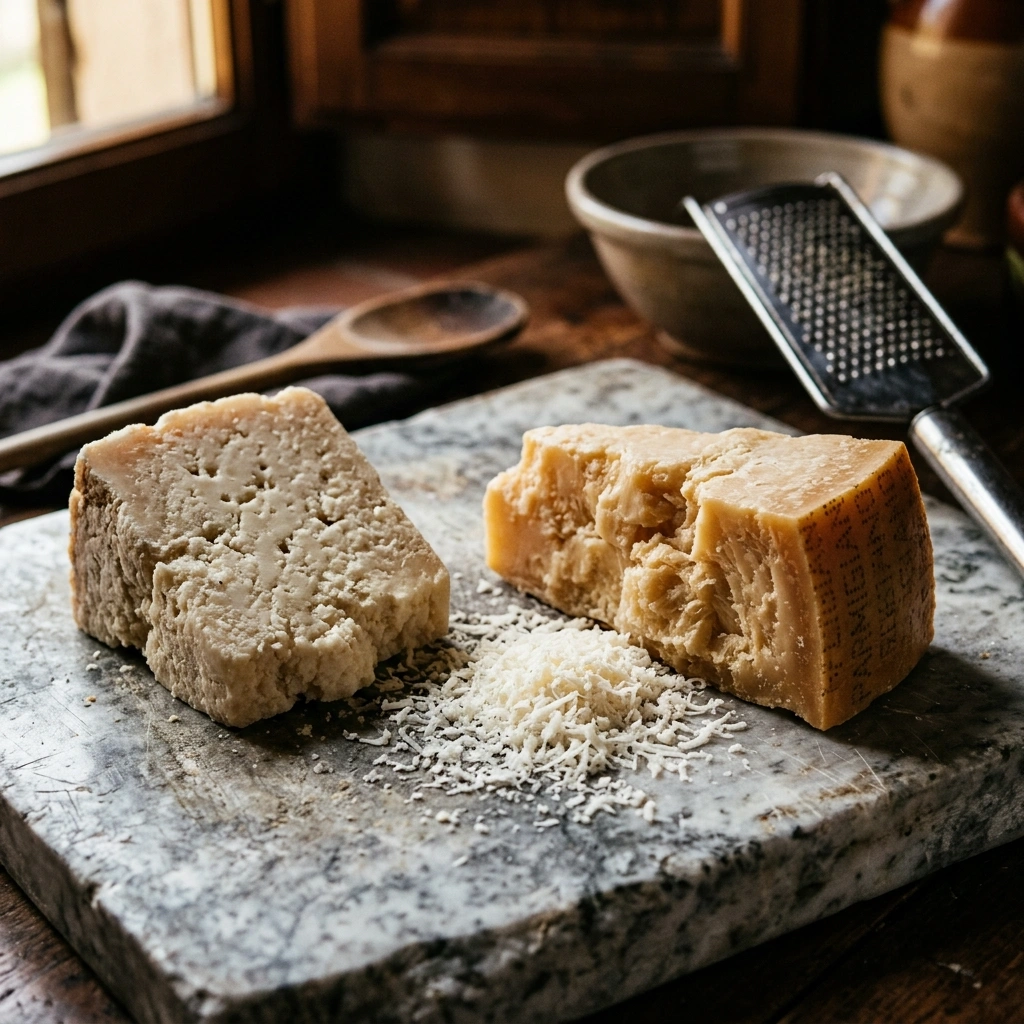 Aged pecorino and parmigiano wedges with fresh grating on marble