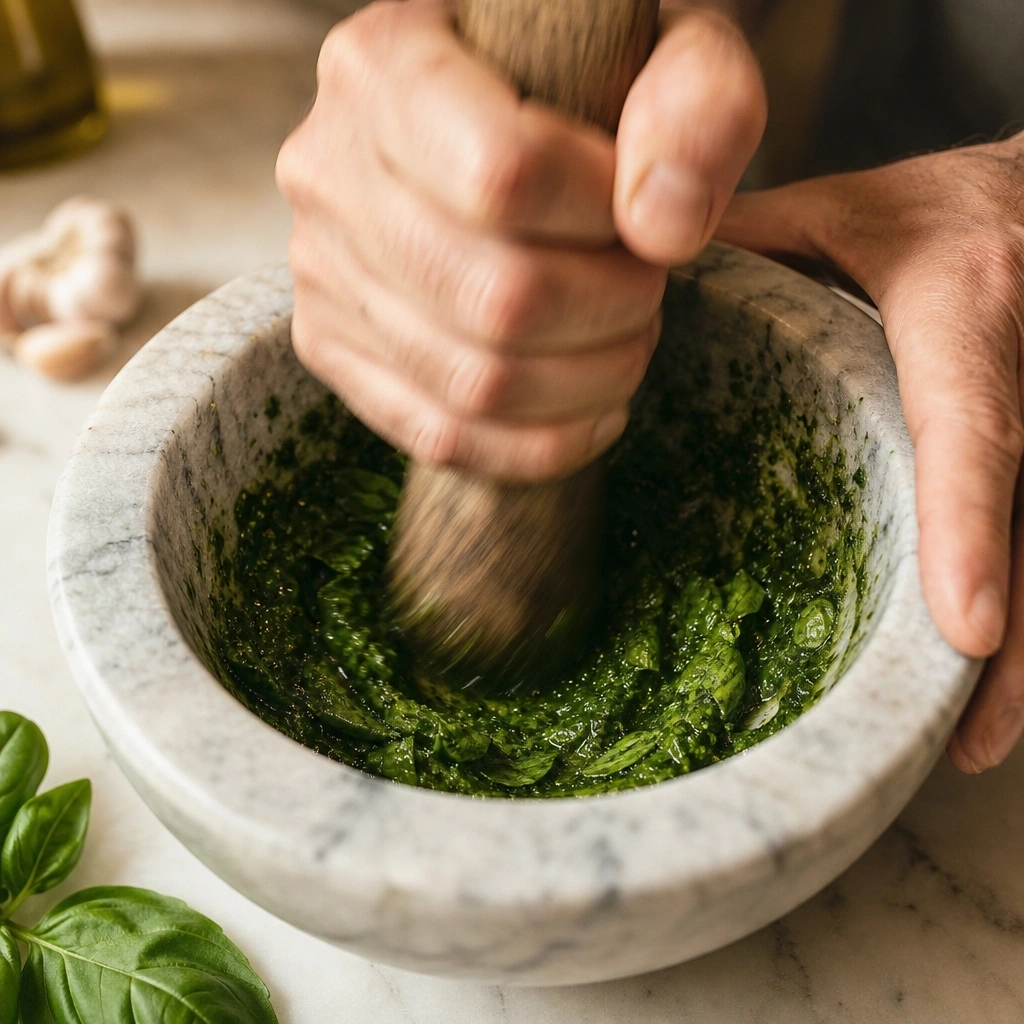 Pounding basil in a marble mortar and pestle