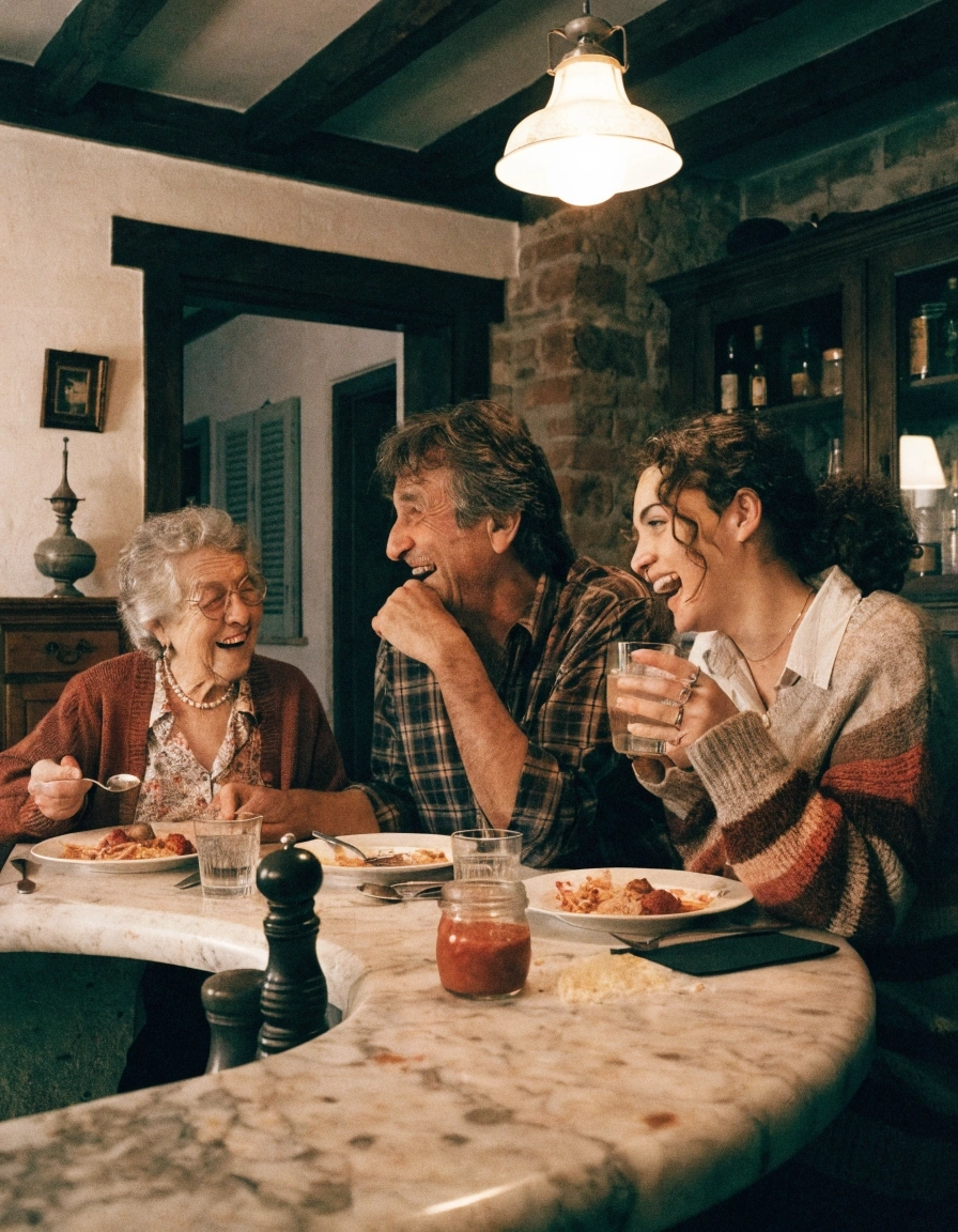 Three generations of the family mid-laugh