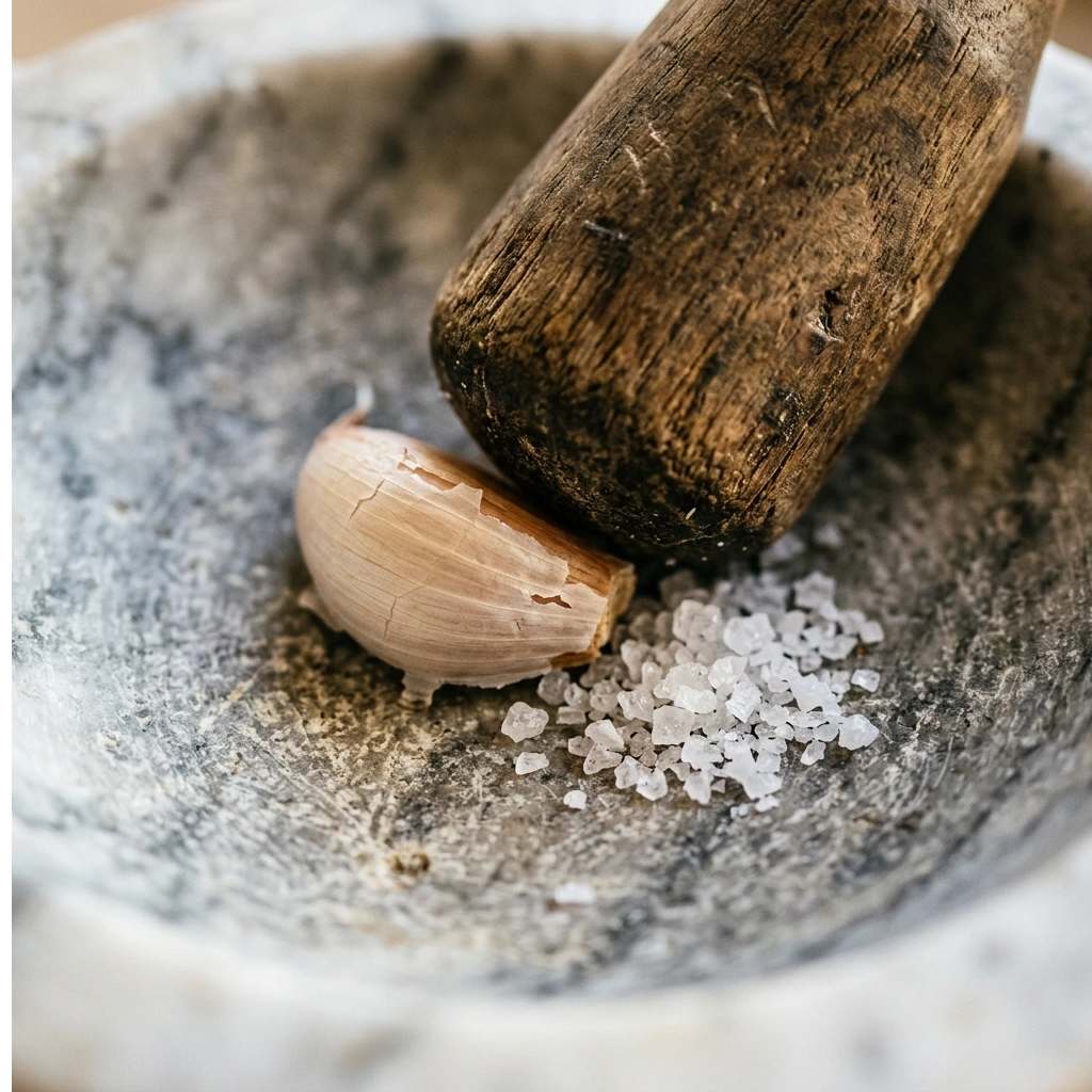 Garlic clove and coarse salt in a marble mortar
