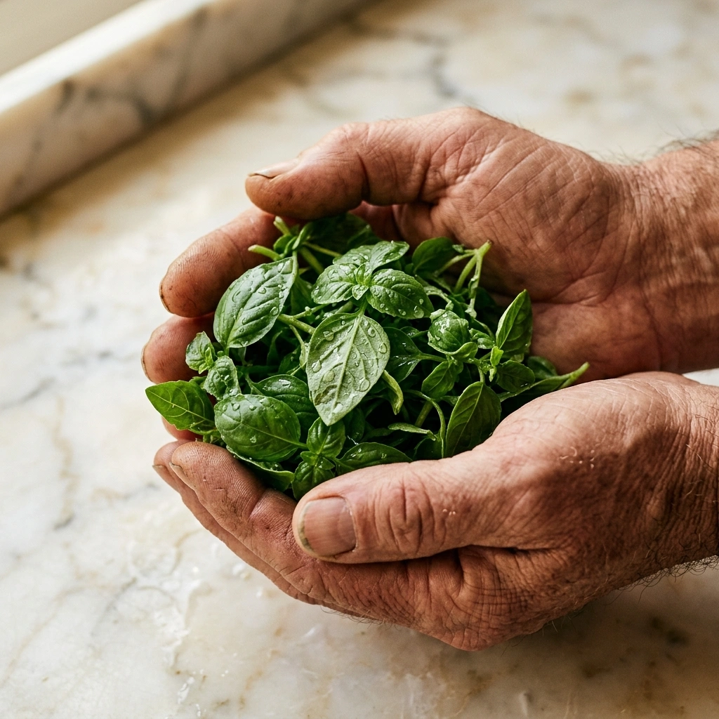 Hands holding freshly picked small-leaf Ligurian basil