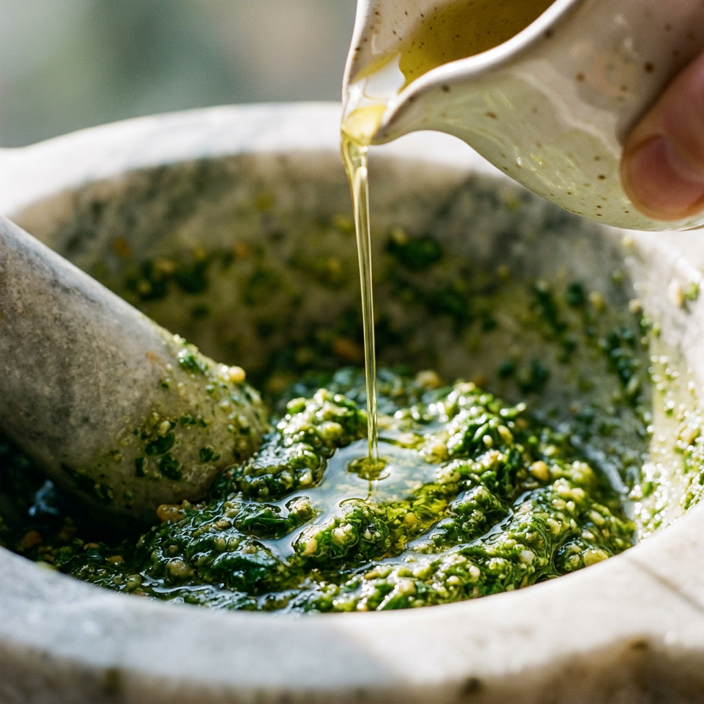Olive oil being drizzled into pesto in a mortar