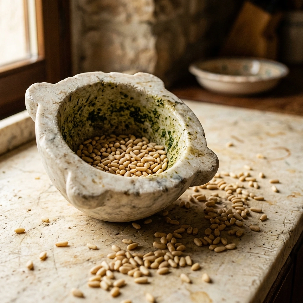 Raw pine nuts in and around a marble mortar stained with pesto