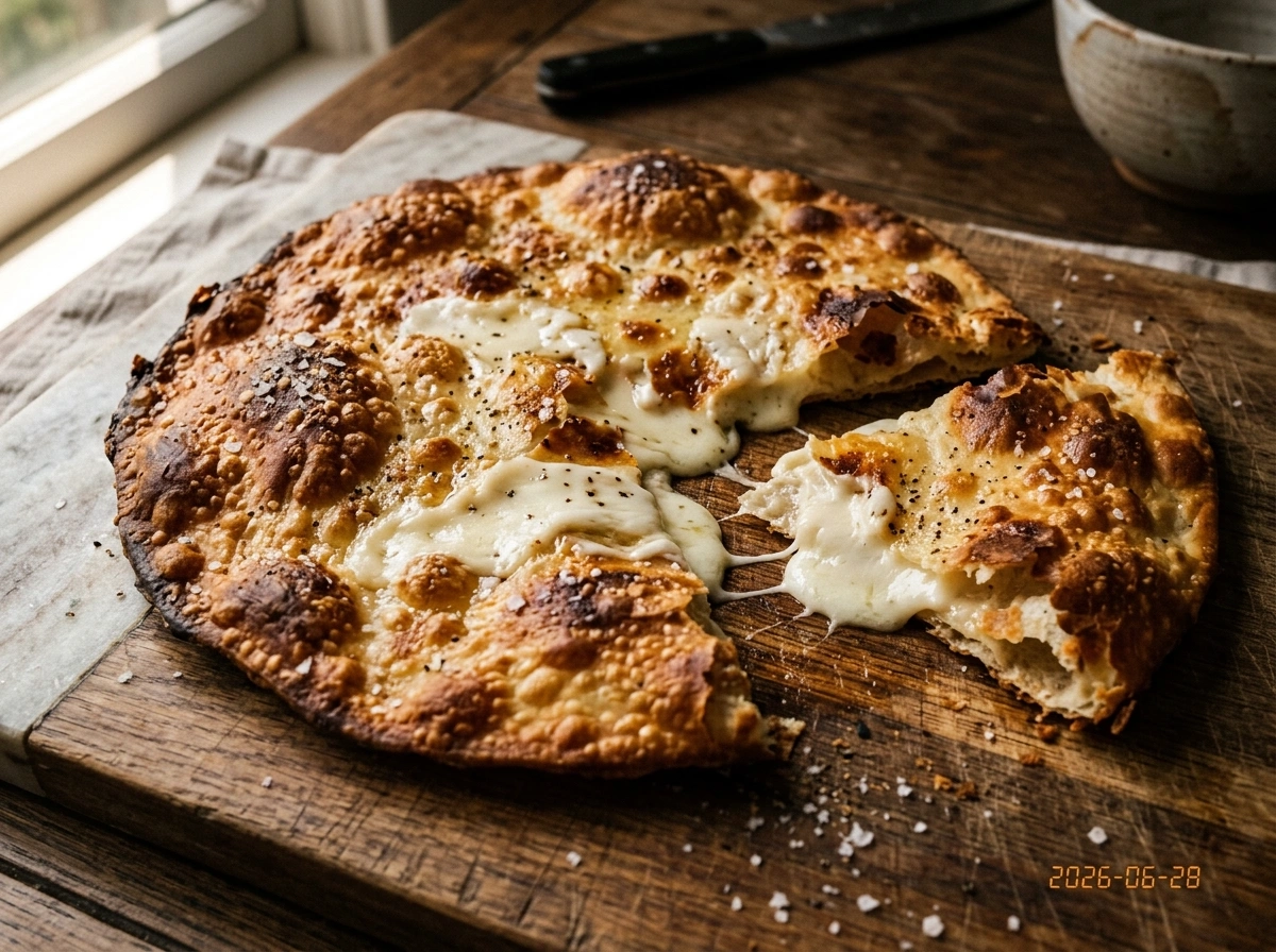Focaccia di Recco blistered and golden, oozing stracchino