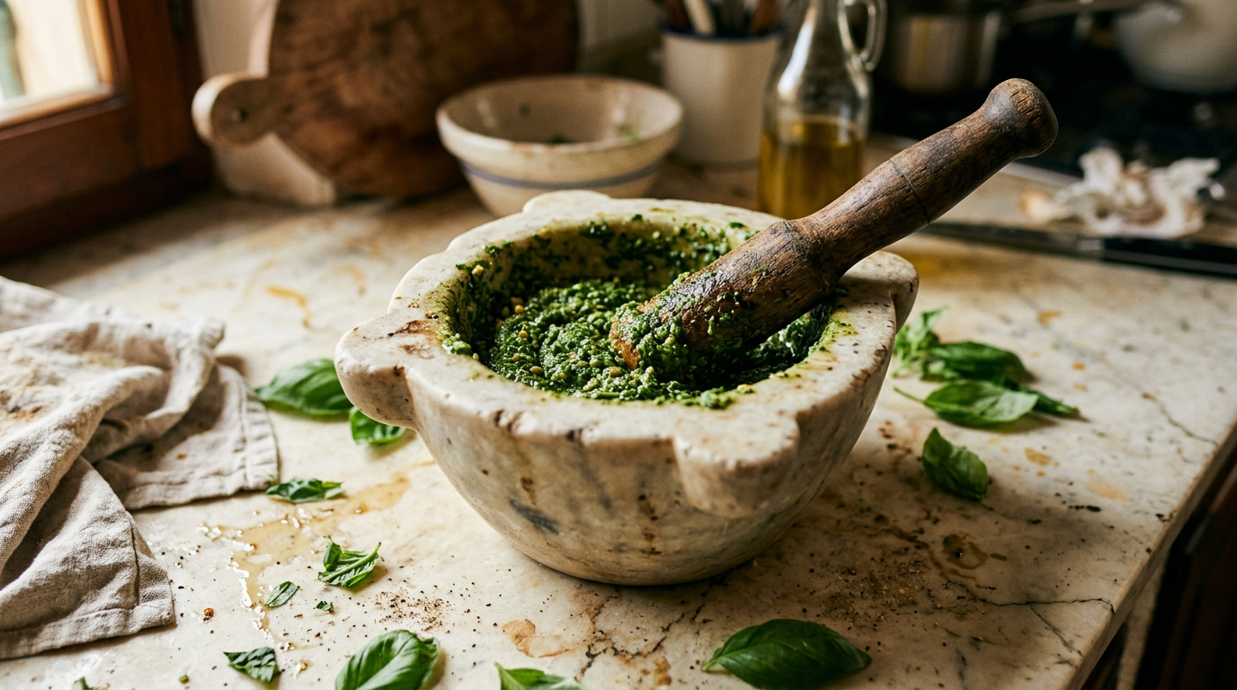 The 1962 marble mortar mid-pound with vivid green pesto