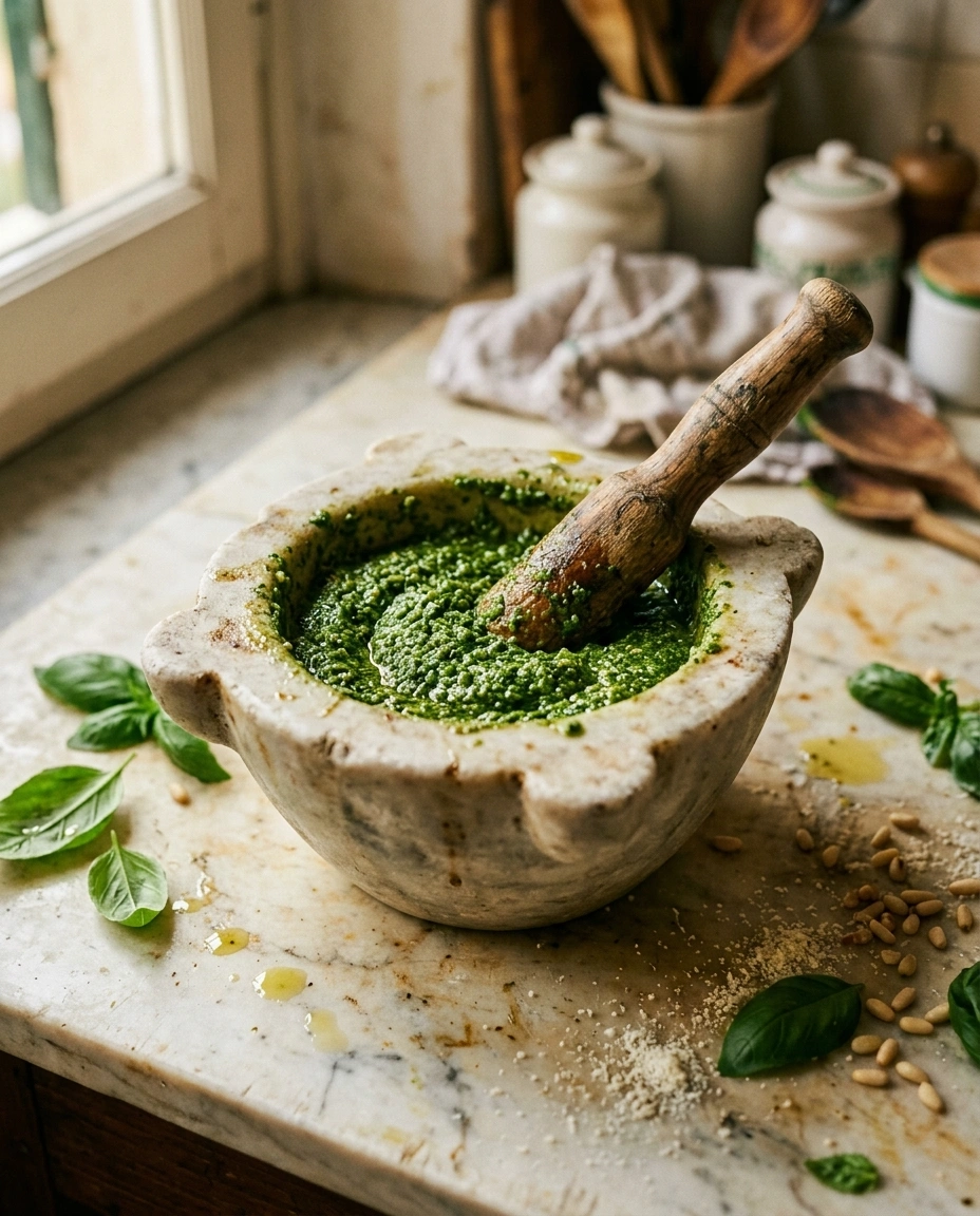 The 1962 marble mortar mid-pound with vivid green pesto