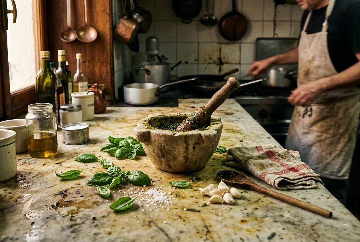 The worn marble kitchen counter with mortar and basil